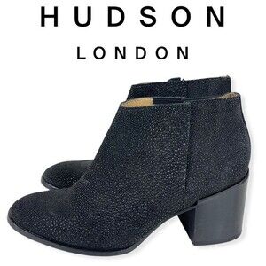 Hudson London Chelsea Stacked Chunky Heel Ankle Boots Booties 7 Black Textured